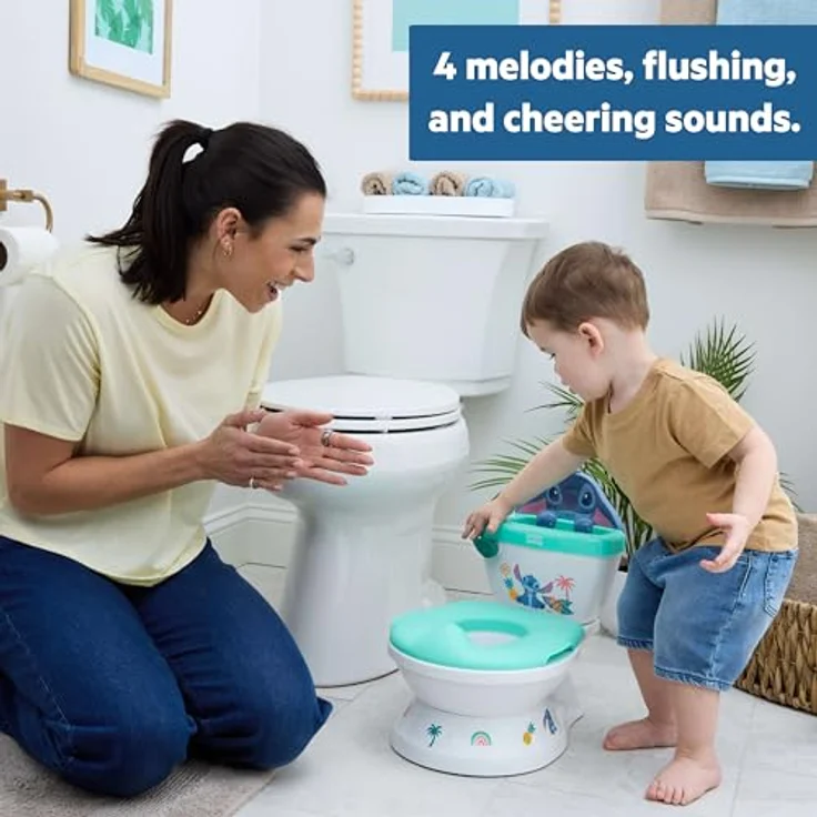 Bright Starts Disney Baby Stitch My Size Töpfchen, 2-in-1 Kinder-Töpfchen mit Spülgeräusch, abnehmbarem Sitz und 12 Aufklebern, geeignet ab 18 Monaten – Bild 4