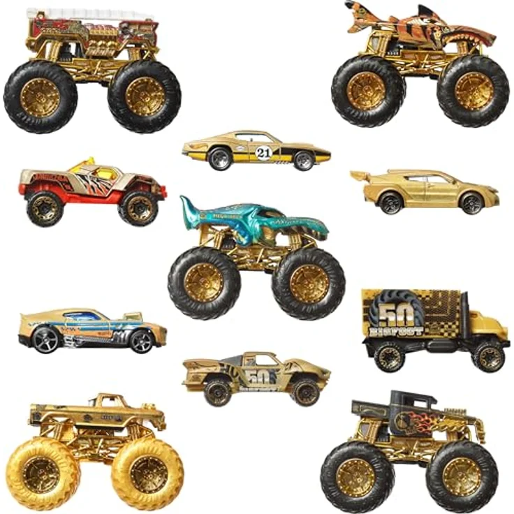 Hot Wheels Monster Trucks Trophy Champions Collection, Spielzeugautos mit Die-Cast-Bigfoot in goldfarben, 5-Alarm, Bone Shaker, Mega-Wrex und Tiger Shark, 11-teiliges Set, JDW07 – Bild 4