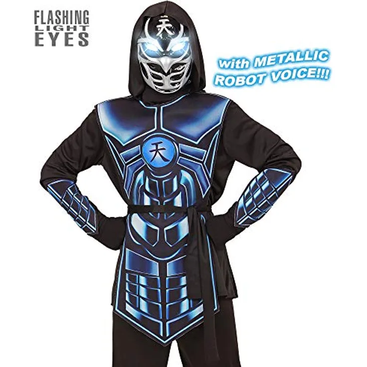 "CYBER NINJA" (hooded coat, tabard, belt, arm guards, mask with flashing light eyes & 3 robot voice sounds) (3 x AAA batteries included) - (164 cm / 14-16 Years)