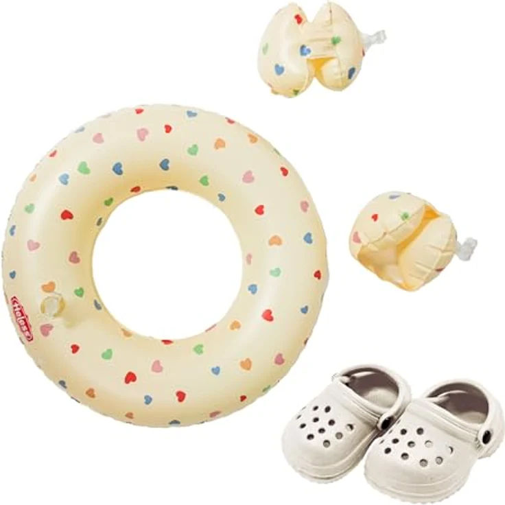 Heless 550 Puppen-Schwimmset Beige Herz Konfetti, mit Schwimmring, Schwimmflügeln und Clogs für Puppen 35-45 cm – Bild 1