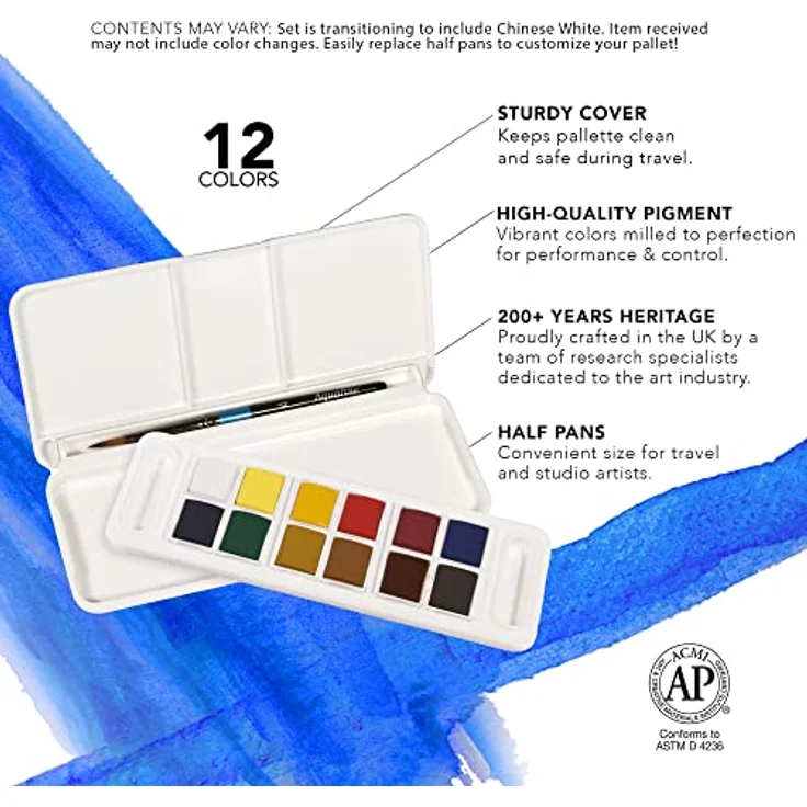 Daler Rowney Aquafine Watercolour Travel Set, 12 Farben im halben Näpfchen + 1 Aquafine Watercolour Pinsel, hochwertige Pigmente, hergestellt in Großbritannien – Bild 3