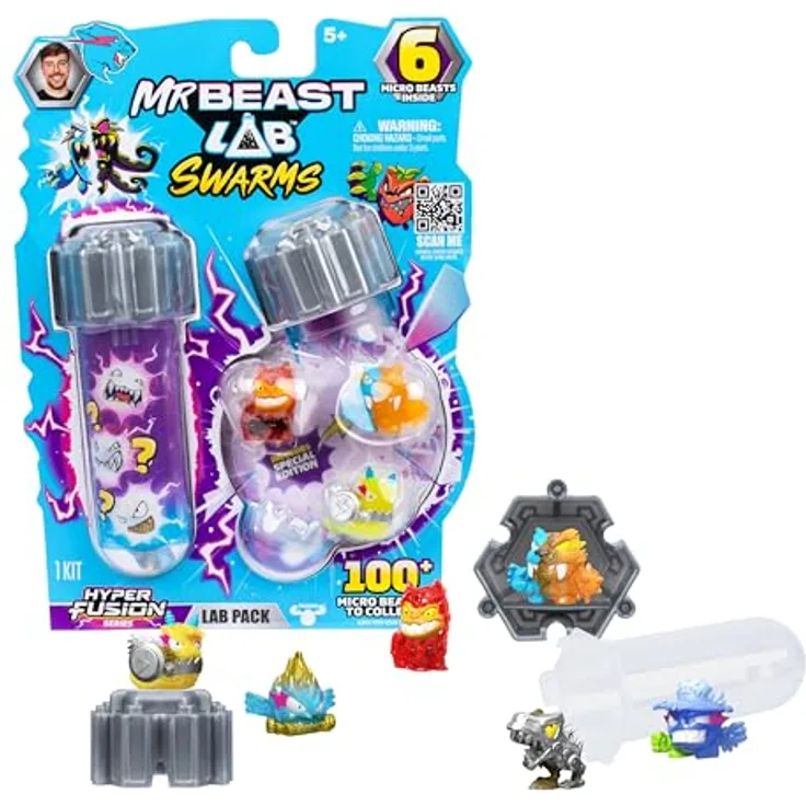 Moose Toys MrBeast Lab Swarms Serie 3, 6er-Pack mit 6 Hyper Fusion Figuren und 2 Display-Podiumen, inkl. Sammel-Guide
