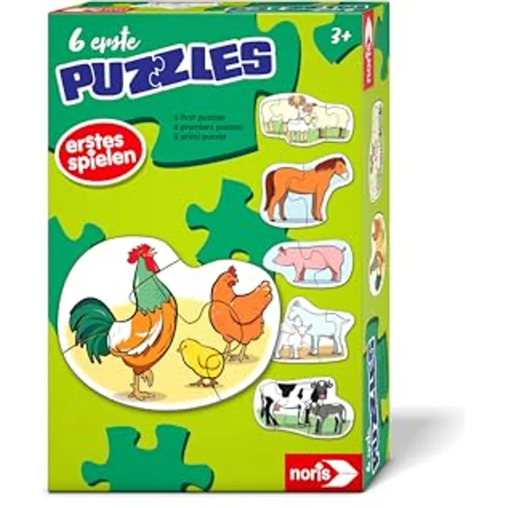 Noris 606012166, 6 erste Puzzles: Bauernhoftiere, für Kinder ab 3 Jahren mit großen Teilen (2-5 Stück) zur Förderung von Feinmotorik und Konzentration