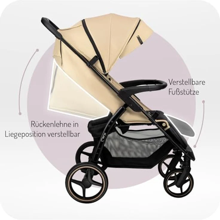 MoMi MIYA EVA Buggy, Kinderwagen mit Einhand-Faltung, XL-Rädern, 4-Rad-Federung, Beige, Zubehörset – Bild 4