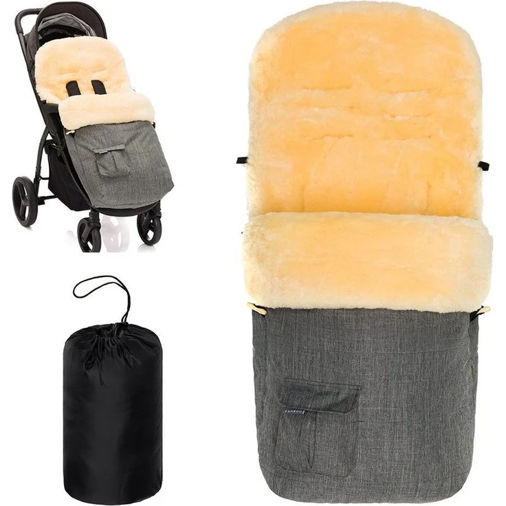 Zamboo Fußsack Melange Hellgrau, Lammfell Winter Fußsack für Kinderwagen & Buggy, wind- und wasserabweisend, 100x50 cm