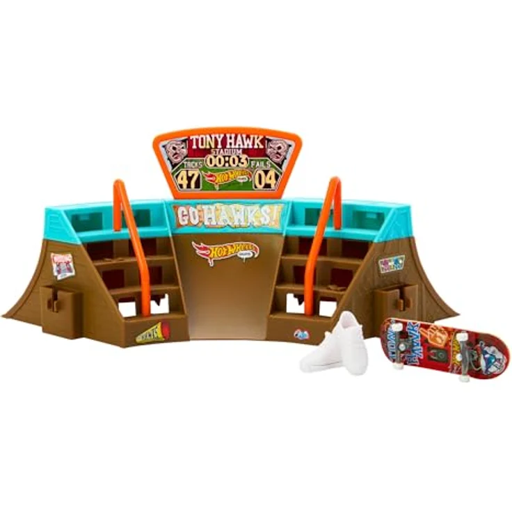 Hot Wheels Skate Stadion-Set mit exklusivem Fingerboard, das in Zusammenarbeit mit Tony Hawk entworfen wurde, 1 Paar abnehmbare Skate-Schuhe, Spielzeugaufbewahrung für Finger-Skateboards - HPG34 – Bild 7
