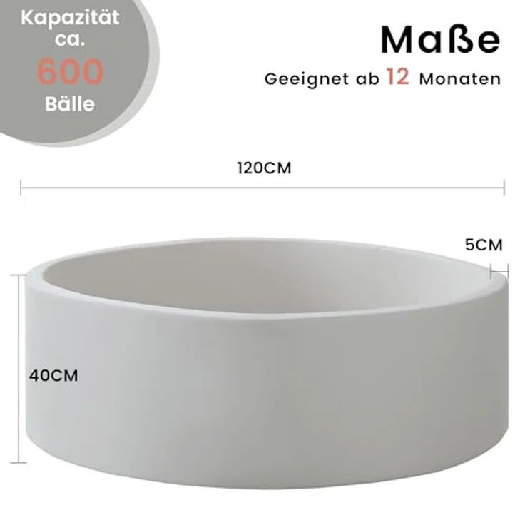 Zedachica Bällebad Baby, Schaumstoff Bällepool rund 120 cm, grau, für Innen und Außen, ohne Bälle, ab 1 Jahr – Bild 3