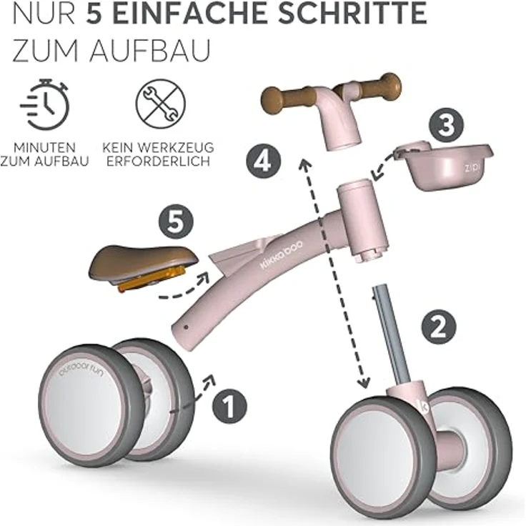 KikkaBoo ZIPI Fahrrad ohne Pedale, Laufrad mit Korb, verstellbarer Sitz, für 1 bis 3 Jahre, Rosa – Bild 3