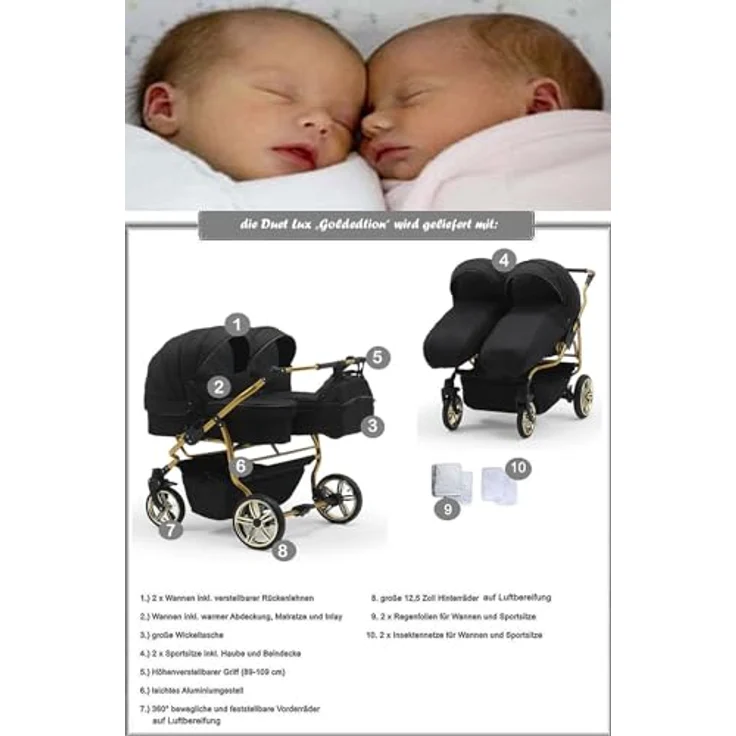 BabyMerc Zwillings-Kombikinderwagen City Twin 5 in 1 inkl. Sportsitze, Autositze und Isos in 19 Farben, Multitalent für Geschwister in allen Lebenslagen – Bild 5