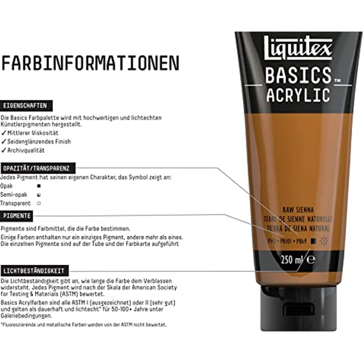 Liquitex Basics 88700227 Acrylfarbe, monopigmentierte Künstlerpigmente, lichtecht, mittlere Viskosität, 250ml Tube - Siena Natur – Bild 3