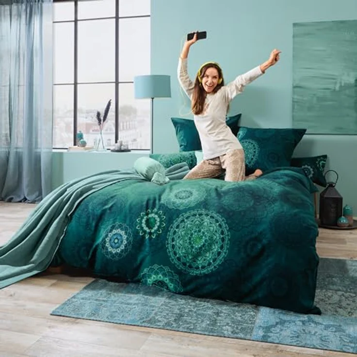 Erwin Müller Bettwäsche, Bettgarnitur Flanell Mandala - mollig warm, temperaturregulierend, Petrol 80x80 cm / 155x220 cm – Bild 5