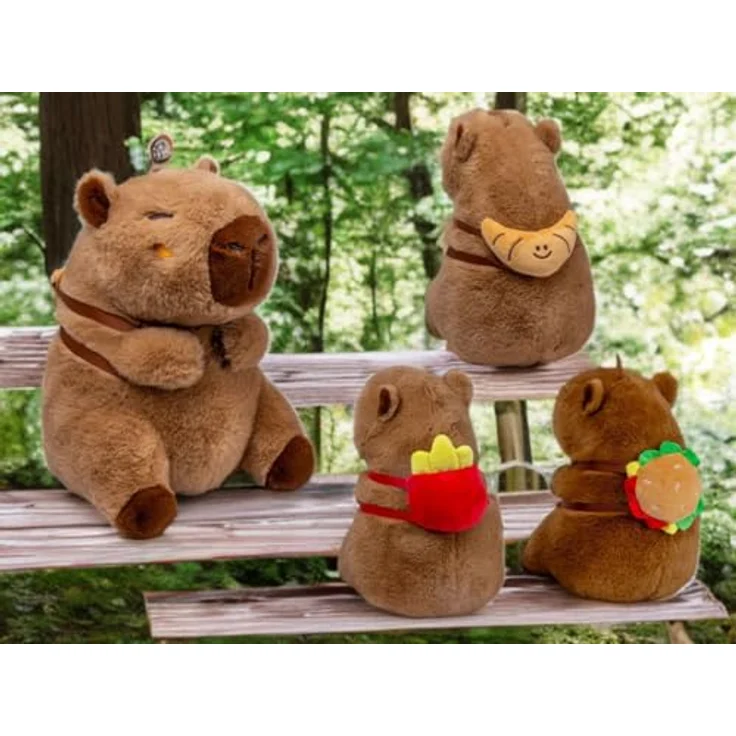 Soma Capybara Kuscheltier, braun, Plüschfigur 35 cm mit Snackrucksack Croissant, extra weiches Fellmaterial – Bild 3