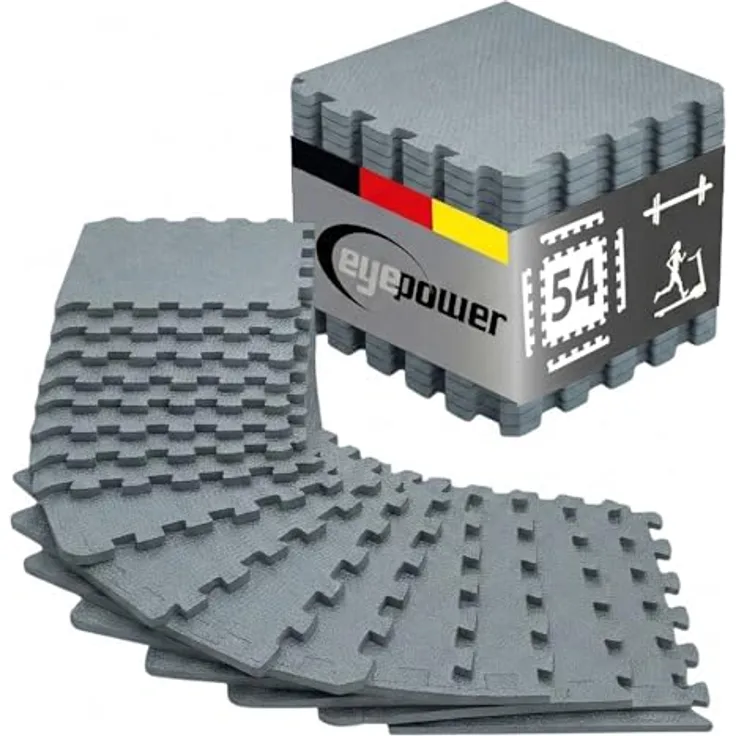 eyepower Puzzlematte XL, 4,8 m² Trainingsmatte mit Rand, 54-tlg. Set, 30 x 30 x 1 cm, schalldämmende EVA Bodenschutzmatte für Home Gym, schwarz