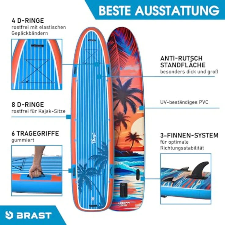 BRAST® SUP Board Family XXL, aufblasbares Stand Up Paddle Set 370x87x15cm bis 210kg, inkl. 2 Kajaksitze, 2 Paddel, Pumpe, Rucksack, Design Sunset – Bild 4