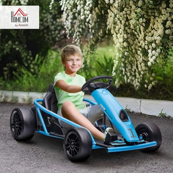 HOMCOM Kinder Elektro Gokart 24 V Drift Kart mit Langsamem Start, Musik, Hupe und Sicherheitsgurt, Kinderfahrzeug für 8-12 Jahre Kinder, Blau – Bild 3