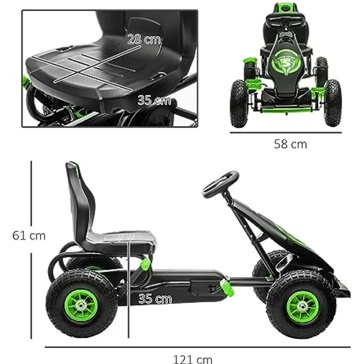 HOMCOM Gokart, Kinderfahrzeug mit verstellbarem Sitz, Tretauto mit Gummireifen, Pedal und Handbremse, Kettcar für Kinder ab 5 Jahren, Outdoor, Grün+Schwarz – Bild 5