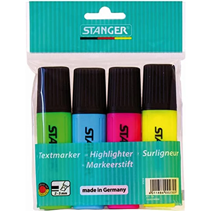 STANGER Textmarker-Set mit 4 Markern, 2–5 mm, mehrfarbig - Helle und brillante Farbstriche, wasserfest und geruchsneutral – Bild 1