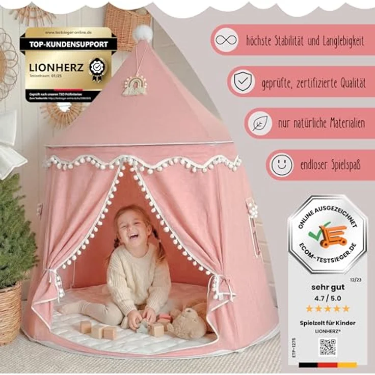 LIONHERZ® DAS ORIGINAL Spielzelt Baumwolle/Hanf, Kinderzelt Tipi Indoor mit CirculAir-Stoff für optimale Luftzirkulation, stabile Fiberglasstangen, inklusive Tragetasche und optionaler Bodenmatte – Bild 2
