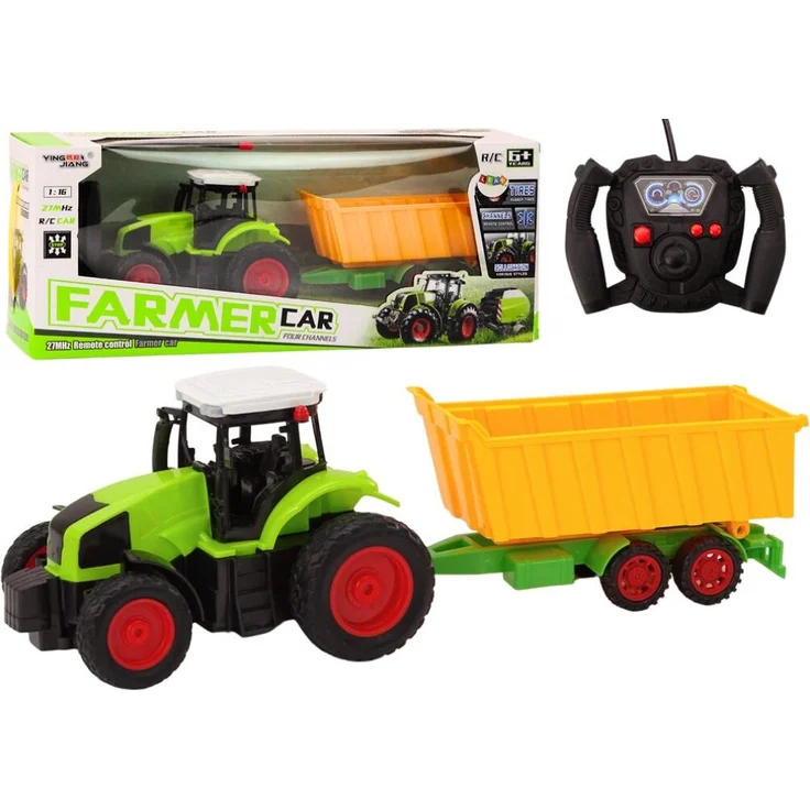 Lean Toys Ferngesteuerter RC-Traktor mit Anhänger 1:16, Grün, 4-Kanal-Fernsteuerung und robuste Gummireifen
