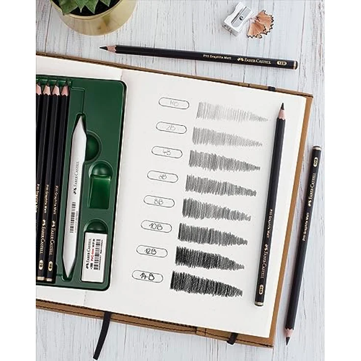 Faber-Castell 115296 - Pitt Graphite Matt Bleistifte Set, 5-teilig, inkl. Spitzer und Radiergummi, extra bruchfeste Mine, matte Grafitabstriche – Bild 4