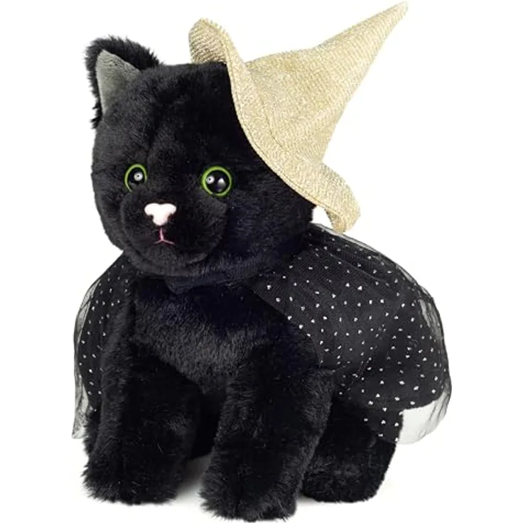 Teddy Hermann® Kuscheltier Halloween Katze, 20 cm, schwarzes Fell mit grünen Augen und glitzernder Hexenmütze