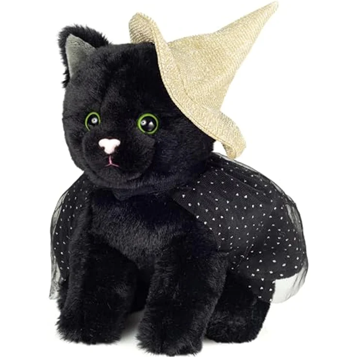 Teddy Hermann® Kuscheltier Halloween Katze, 20 cm, schwarzes Fell mit grünen Augen und glitzernder Hexenmütze – Bild 1