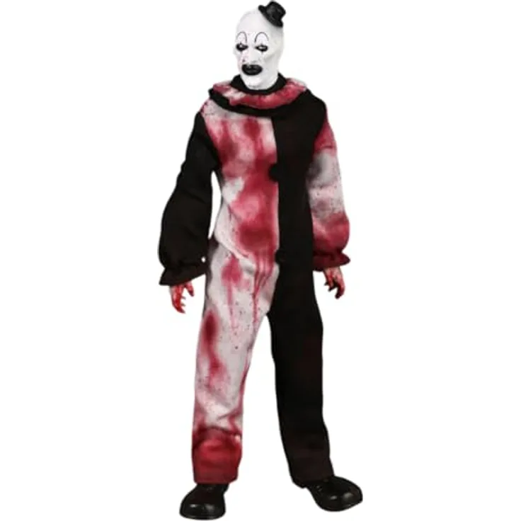 MEZCO Art The Clown Figur, 18 cm, Terrifier One:12 Collective mit 28 Gelenkpunkten, 3 Köpfen, Zubehör und Waffen