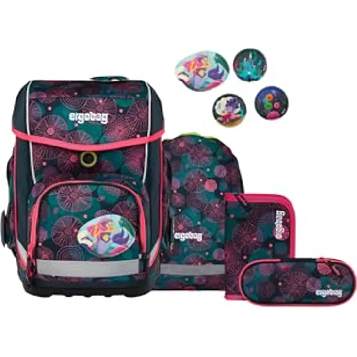 ergobag cubo Set, 5-teiliges ergonomisches Schulrucksack-Set für 1. Klasse, klassisch, hochgradig individuell gestaltbar, standfest und reflektierend, gefertigt aus 27,7 recycelten PET-Flaschen