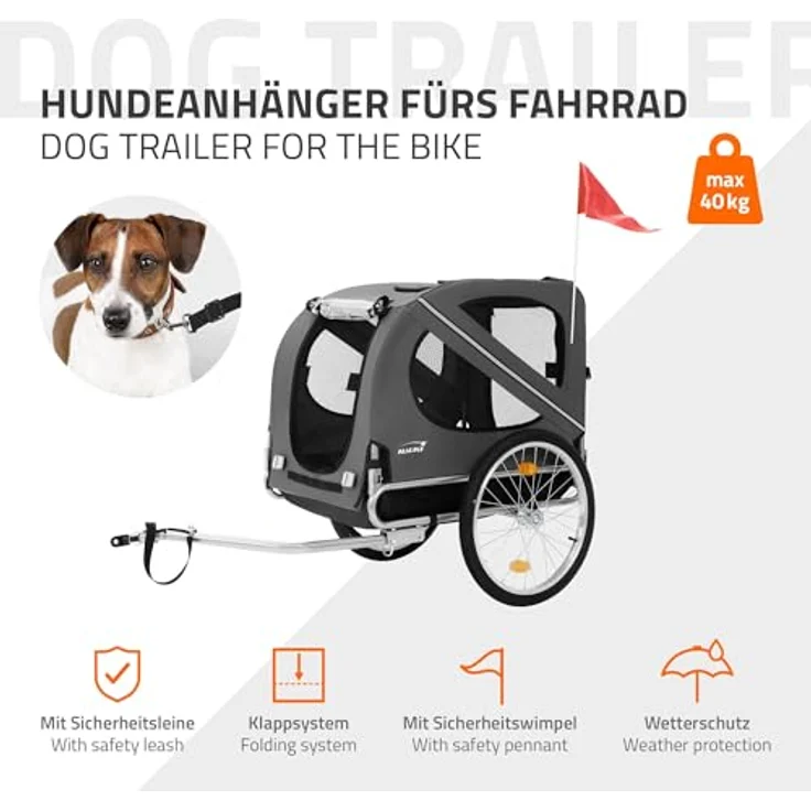 Hauki Fahrradhundeanhänger Fahrradanhänger & Hundebuggy 2in1 klappbar, Hundewagen Grau mit Reflektoren Leine und Flagge bis 40 kg – Bild 3