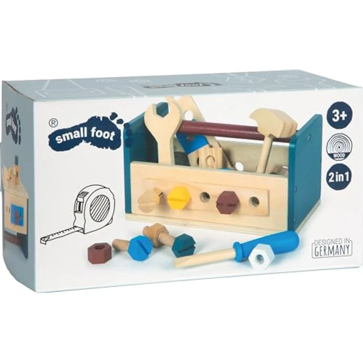 Small Foot Spielwerkzeugkoffer Werkzeugkasten/Werkbank Workshop, 33-tlg. aus Holz mit Hammer, Schraubendreher, Zubehör und Konstruktionsanleitungen – Bild 8