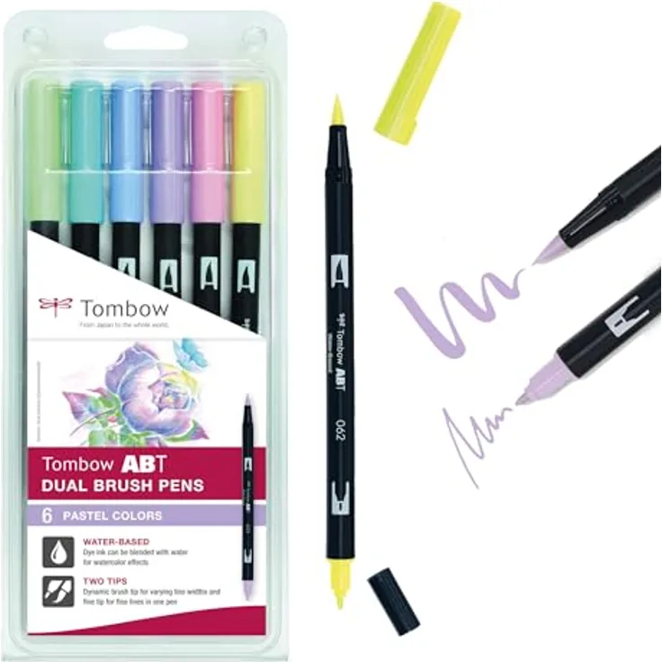 Tombow ABT-6P-2 Fasermaler Dual Brush Pen, pastellfarben, 1 Stück (6er Pack) - Mit feiner und breiter Spitze, auf Wasserbasis, ideal für Kreativarbeiten