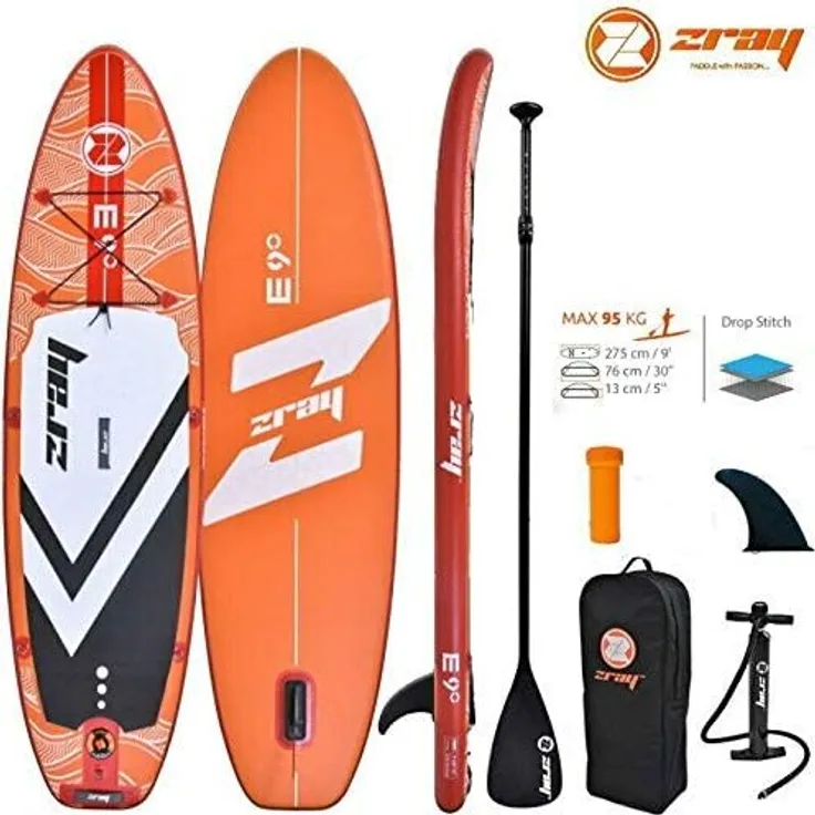 Zray E9 Evasion 9' (275 cm) Kinder und Junioren SUP Paddleboard, orange-rot-schwarz-weiß, aus Kunststoff