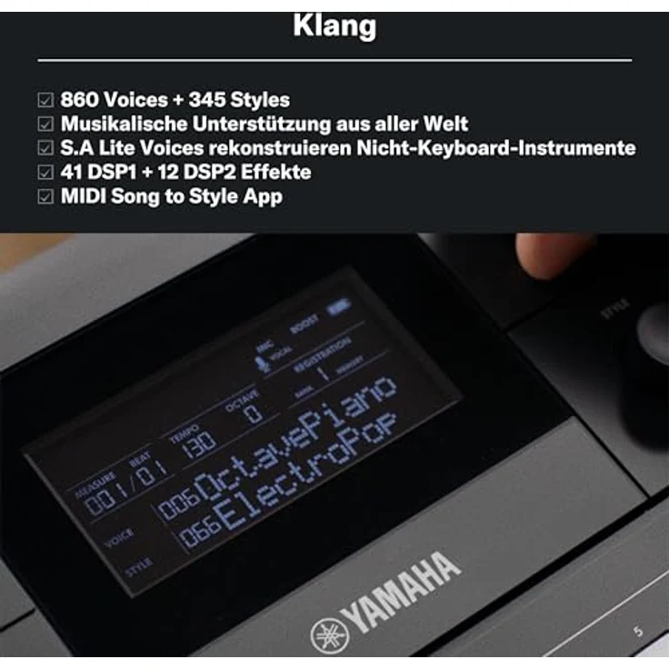 Yamaha PSR-E483, Keyboard mit 61 druckempfindlichen Tasten, 758 Instrumentenstimmen, 237 Begleitstilen, integriertem 6W Stereo-Verstärkersystem, schwarz – Bild 6
