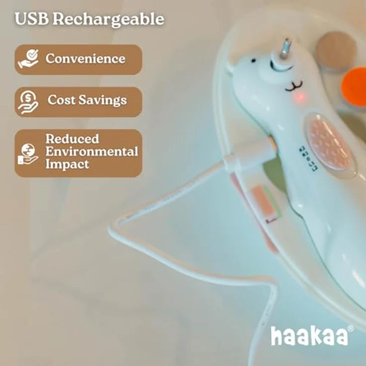 Haakaa HAPPII BEAR Wiederaufladbarer Nagelschneider Set - Elektrischer Baby Nagelschneider - Baby Nagelknipser/Baby Nagelfeile - Flüsterleise & LED-Leuchten, Bärenform, USB wiederaufladbar, Farbcodierte Schleifpads – Bild 2