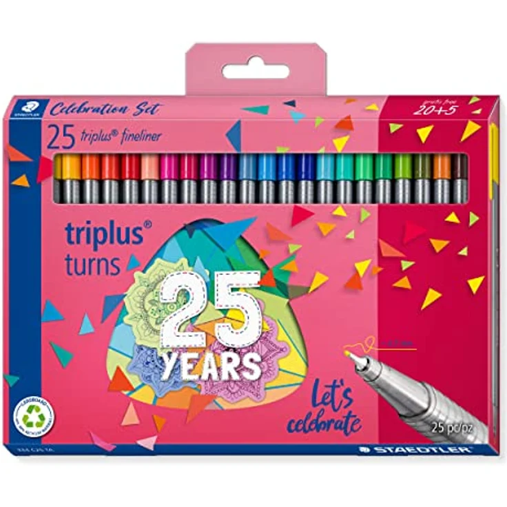 Staedtler Fineliner triplus 20 + 5 Celebration-Set, 0,3 mm Strichstärke, dreieckig, DRY SAFE, silberner Schaft, 25 Farben – Bild 1