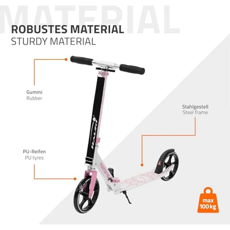 Hauki Cityroller Scooter Rosa, klappbar & höhenverstellbar, XXL-Räder, Tritt-Bremse, für Kinder & Erwachsene bis 100 kg – Bild 7