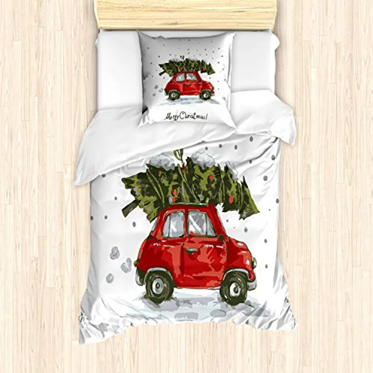 ABAKUHAUS Weihnachten Bettbezug Set, Retro-Auto mit Baum, Milbensicher Allergiker geeignet mit Kissenbezügen, 135 cm x 200 cm - 80 x 80 cm, rot grün