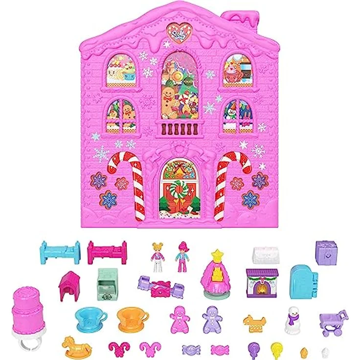 POLLY POCKET Adventskalender-Haus - 25 Überraschungen, 2 Puppen, 27 Zubehörteile, Lebkuchenhaus-Design, Weihnachtsbaum, Skier, für Kinder ab 4 Jahren, HKW16 – Bild 3