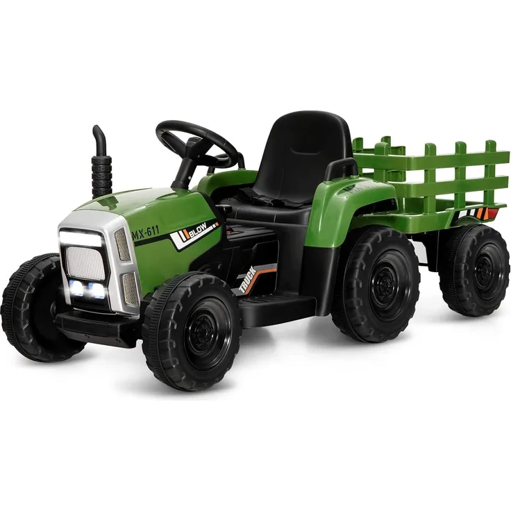 Dreamade Elektrotraktor mit Abnehmbarem Anhänger, Kindertraktor mit LED-Licht, Musik, Fernbedienung, max. Tragfähigkeit 30 kg, Dunkelgrün, für Kinder ab 3 Jahren