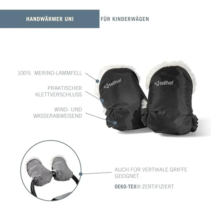Fellhof® Kinderwagen Handwärmer UNI, 100% Merino-Lammfell, wind- und wasserabweisend, reflektierende Streifen, OEKO-TEX® zertifiziert, schwarz – Bild 3
