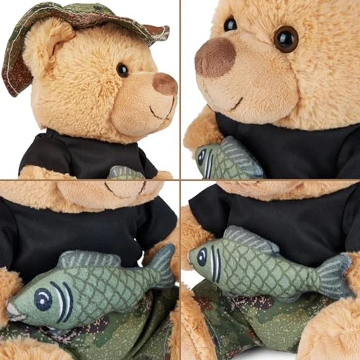 BRUBAKER Teddybär Angler mit Fisch und Anglerhut, 25 cm Plüschbär in Hellbraun Camouflage - Kuscheltier Geschenk für Angler und Outdoor Fans, Pflegeleicht und langlebig – Bild 4