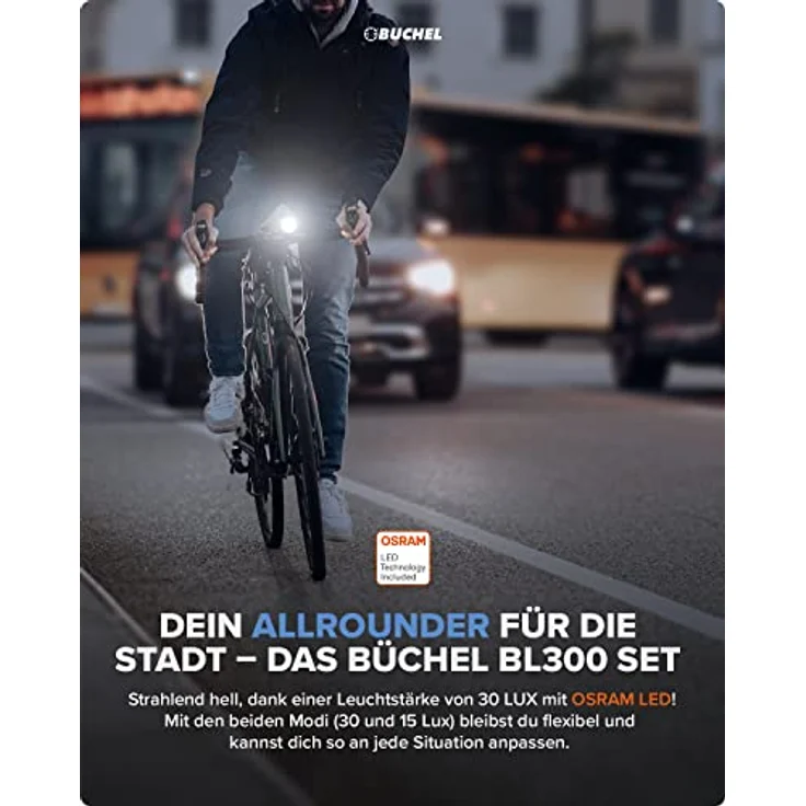 Büchel Fahrradlicht BL 300 - StVZO zugelassen - Bis zu 13h Leuchtdauer - 30/15 LUX Leuchtstärke - Inkl. Batterien, Schwarz – Bild 2