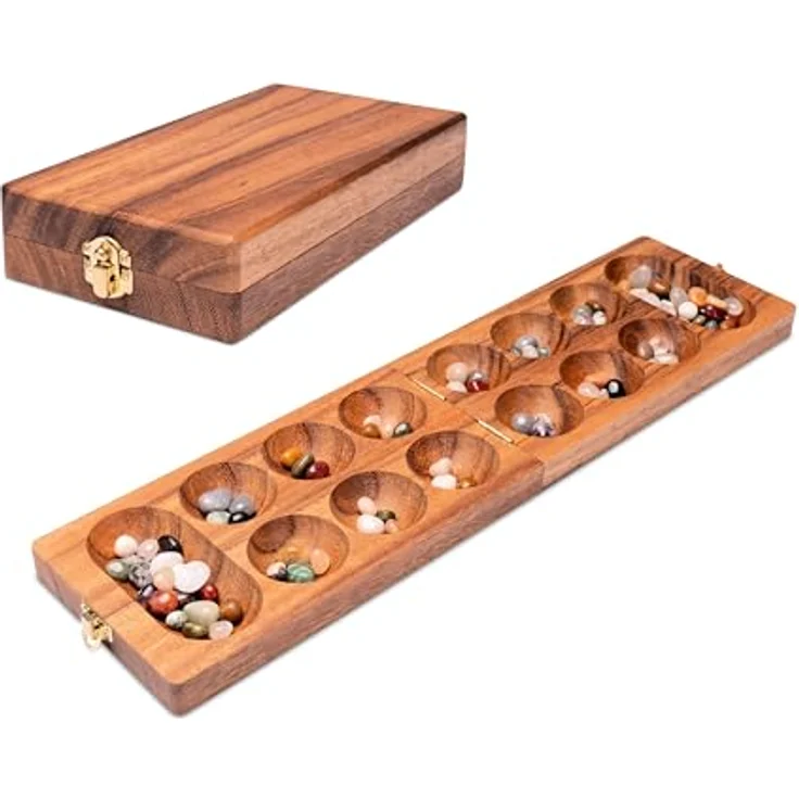Logoplay Kalaha Spiel mit Metallverschluss Gold, kompakter 2-Spieler-Brettspiel mit 75 Edelsteinen, Spielfeld 14 x 49 cm aus Samena-Holz – Bild 1