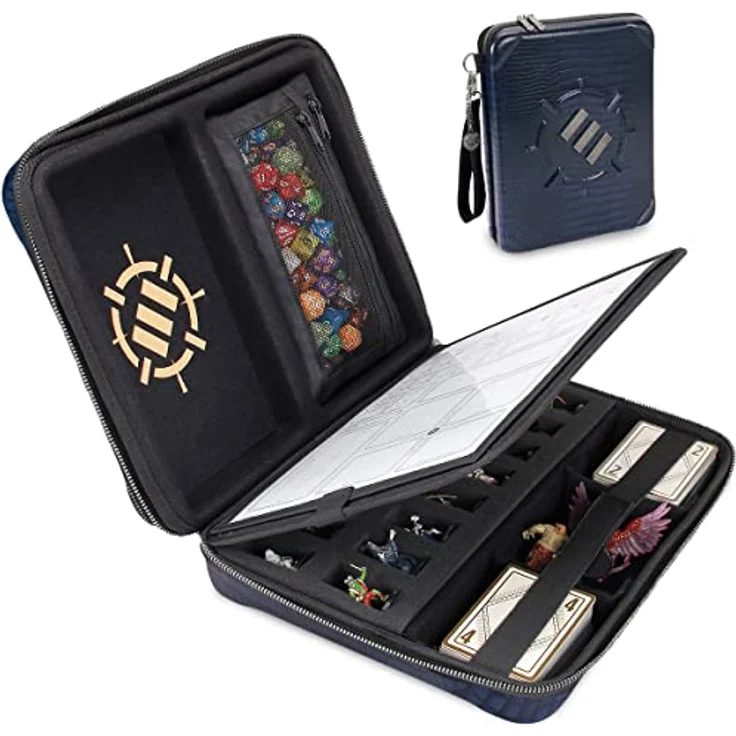 ENHANCE RPG-Organizer-Etui, Sammleredition - DND-Ordner mit integriertem Charakterbogenhalter, Würfelrollbereich, herausnehmbarer Stifttasche, Miniatur-Schaumstoffablage (Drachen Blau) – Bild 1