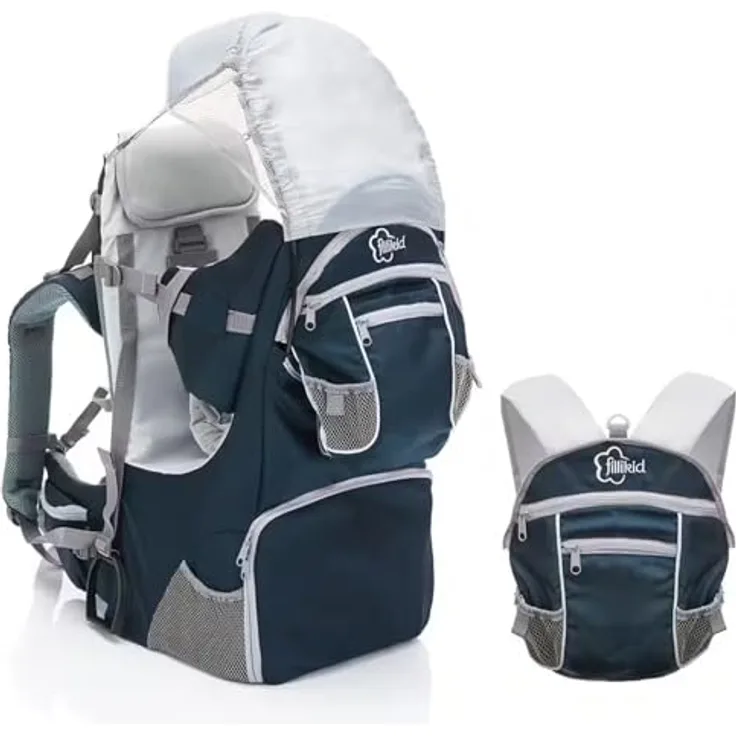 Fillikid Babytrage, Rückentrage für Baby & Kleinkind mit Sonnenschutz, blau, ergonomisch gepolstert, höhenverstellbar, für Wanderausflüge