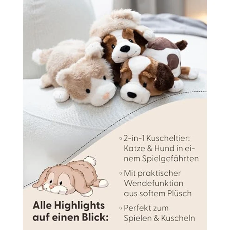 NICI Kuscheltier Katze und Hund, 25 cm Wendefunktion, weiches Plüschstofftier – Bild 5
