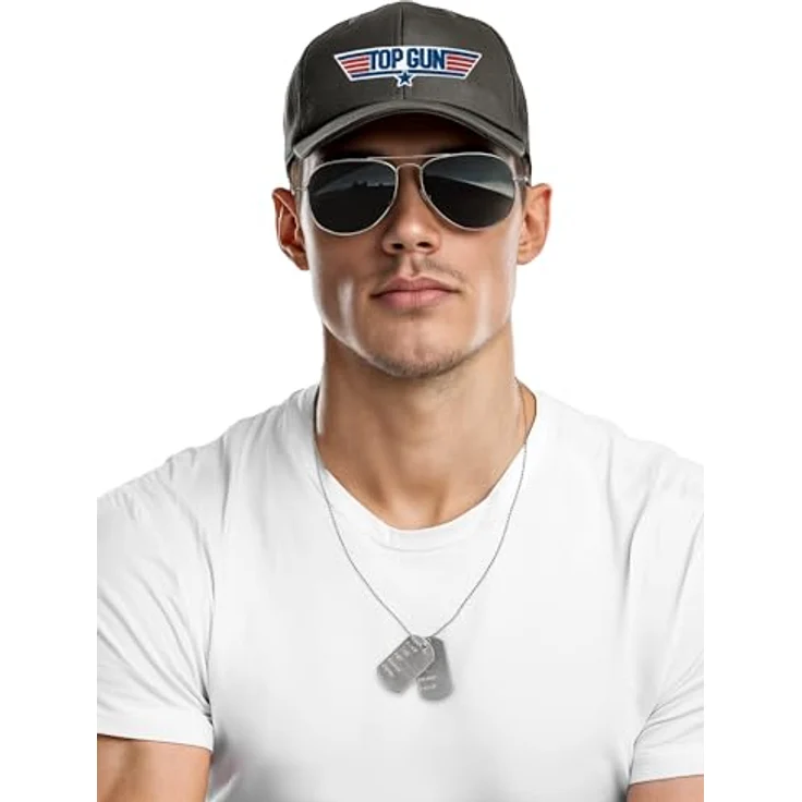 Maskworld Top Gun Accessoire-Set, olivgrüne Schirmmütze mit Logo, silberne Sonnenbrille im Fliegerlook, Metallkette mit Erkennungsmarken – Bild 1