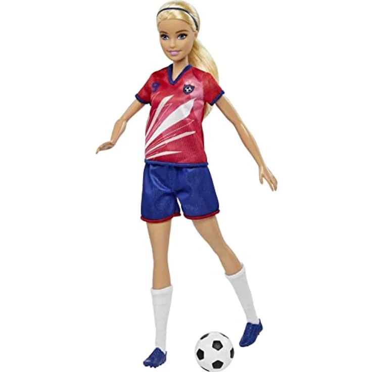 Barbie HCN17 - Fußball-Spielerin Puppe (blonde Haare) im roten Trikot mit blauen Shorts, Stollen-Schuhen und weißen Stutzen, inklusive Fußball, Spielzeug für Kinder ab 3 Jahren – Bild 2