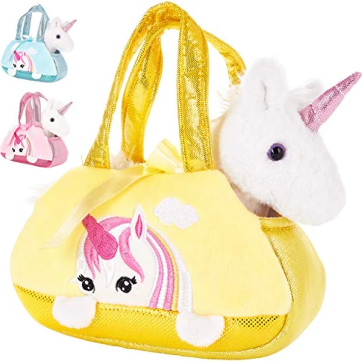 BRUBAKER Einhorn Tasche Weiß - 20 cm - Plüschtier in Handtasche - Plüsch Stofftier Kuscheltier - Gelb – Bild 1