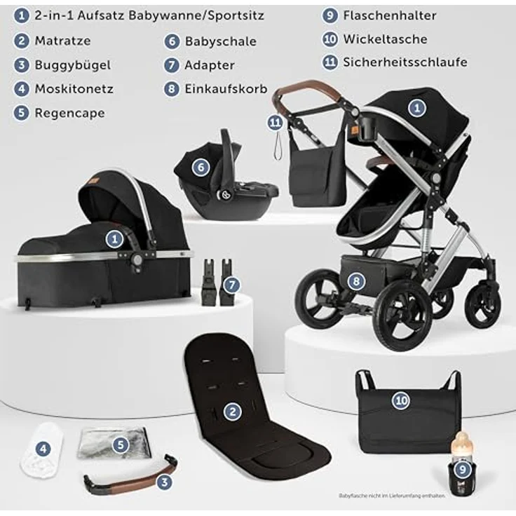 Bergsteiger Nizza 3 in 1 Kinderwagen, Kombikinderwagen Komplettset, Auto-Babyschale, Babywanne & Buggy Sportsitz inklusive, Isofix Station optional, grau – Bild 3